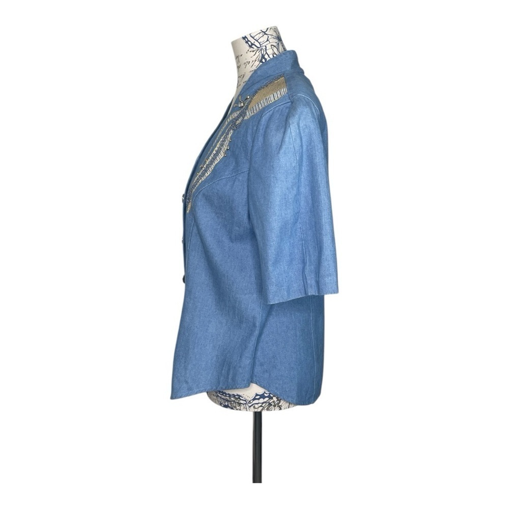 Vintage Blue Denim Button-Up Shirt with Gold Embellishments -10 - Picture 6 of 9